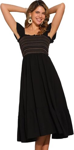 Allegra K Boho Midi Dress for Women's Square Neck Ruffle Tiered Flowy Smocked Sundress in Kuwait