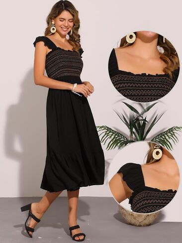 Allegra K Boho Midi Dress for Women's Square Neck Ruffle Tiered Flowy Smocked Sundress in Kuwait