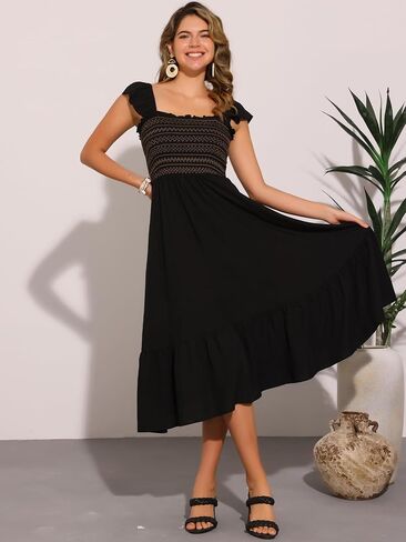 Allegra K Boho Midi Dress for Women's Square Neck Ruffle Tiered Flowy Smocked Sundress in Kuwait