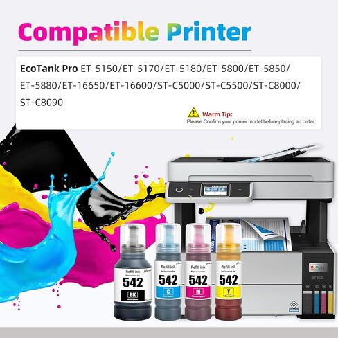 542 زجاجة إعادة ملء الحبر لـ Epson T542 Ink متوافق مع Epson 16600 ET-5800 ET-5850 ET-5880 ET-16650 ST-C8000 St-C8090 (1Black ، 1cyan ، 1Magenta ، 1-ell) in Kuwait