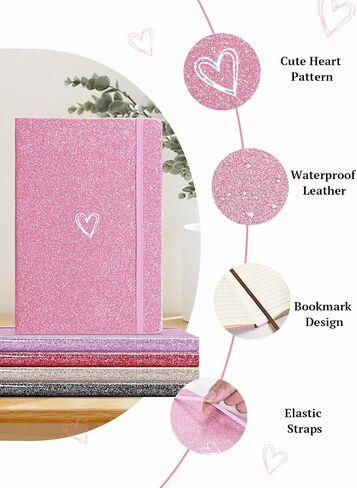 Bling A5 Notebook, Lined Journal Notebook A5 Notepad for Girls Women,Cute Heart Pattern Design Glitter Diary College Ruled Hardcover Notebook for Work, School, Note Taking, Business-Pink in Kuwait