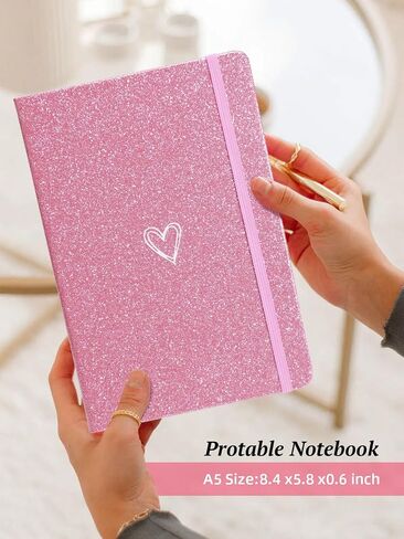 Bling A5 Notebook, Lined Journal Notebook A5 Notepad for Girls Women,Cute Heart Pattern Design Glitter Diary College Ruled Hardcover Notebook for Work, School, Note Taking, Business-Pink in Kuwait