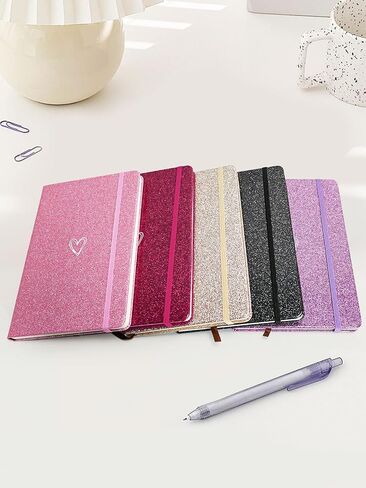 Bling A5 Notebook, Lined Journal Notebook A5 Notepad for Girls Women,Cute Heart Pattern Design Glitter Diary College Ruled Hardcover Notebook for Work, School, Note Taking, Business-Pink in Kuwait