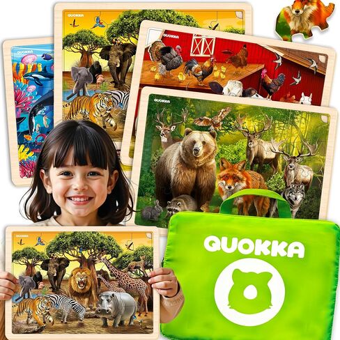 QUOKKA 4SET Puzzles for Kids Ages 4-6 - 24 Pcs Wooden Toddler Realistic Montessori Puzzles Ages 3-5 - Wild Animals Africa Ocean Farm Learning Games for Boys and Girls 4-8 Year Olds in Kuwait