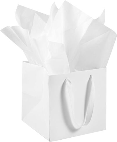 AZOWA White Square Gift Bags with Tissue - 6 Inch Paper Bags with Handles Birthday Party Favor Christmas Wedding Gift Box Flowers Decoration (10 PCS, 6x6x6 in) in Saudi Arabia
