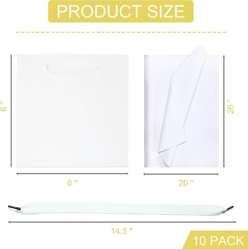AZOWA White Square Gift Bags with Tissue - 6 Inch Paper Bags with Handles Birthday Party Favor Christmas Wedding Gift Box Flowers Decoration (10 PCS, 6x6x6 in) in Saudi Arabia