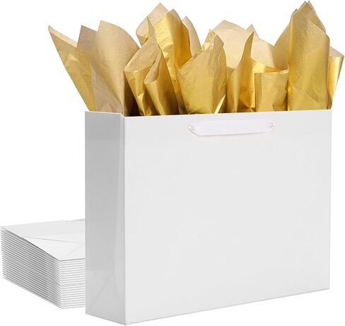 QIELSER 12 Pack Kraft Gift Bags Bulk Extra Large Size with Tissue Paper 16x6x12 Inches, White Paper Bags with Ribbon Handles for Party Favor, Shopping, Retail, Wedding, Business, Birthday, Christmas in Saudi Arabia