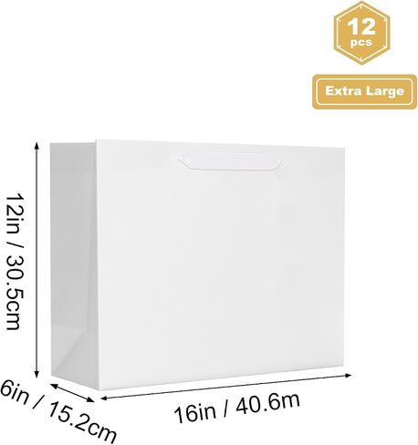 QIELSER 12 Pack Kraft Gift Bags Bulk Extra Large Size with Tissue Paper 16x6x12 Inches, White Paper Bags with Ribbon Handles for Party Favor, Shopping, Retail, Wedding, Business, Birthday, Christmas in Saudi Arabia