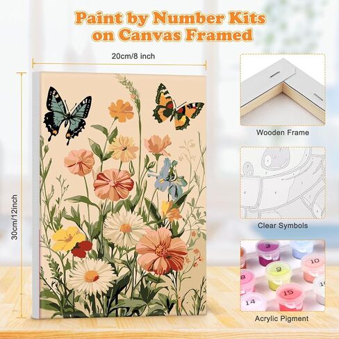 MOGTAA Butterfly Paint by Number Kit for Adults Beginners Framed, Adult Paint by Number Kits On Canvas, Easy Adults' Paint-by-Number Kits, DIY Flowers Oil Painting Kits for Home Decor, 8x12in in Saudi Arabia