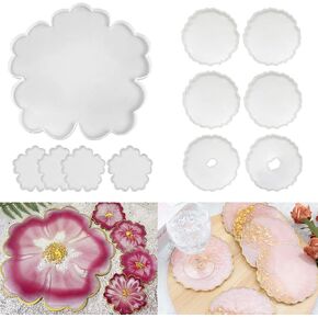 RESINWORLD 6 Pack Geode Coaster Molds + 1Pc 13'' Large Floral Tray Mold & 4 Pack 4'' Flower Geode Coaster Silicone Molds