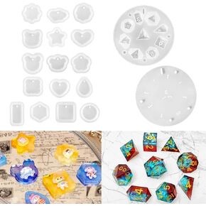 RESINWORLD Upgraded 9 Piece Polyhedral Dice Mold + 16pcs Variety Geometric Pendant Silicone Molds