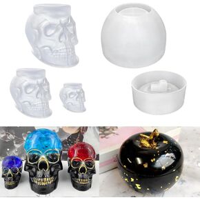 ResinWorld Apple Shaped Jar Mold with Lid + Set of Large Medium Small 3D Skull Resin Molds