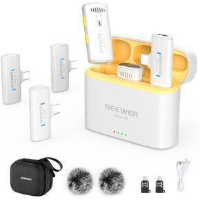 NEEWER Wireless Lavalier Microphone System for iPhone, Mini Clip on Lapel Mic Set with 2 USB C Transmitters/4 Receivers/OTG Adapter Compatible with iPhone Android Phone Computer Tablet, White, KM20