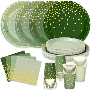 Whaline 244pcs لوحات الورق الخضراء والمناديل Sage ، مجموعات Sage Green and Gold التي يمكن التخلص منها لمستلزمات لحفل زفاف Duck Duck Shower ، 48 محظوظًا.