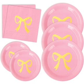 Whaline 72pcs Pink Bow Party Supplies Paper Paper Plates Fladware Table Table Set Gold Foil Bowknot Discipable Owhar