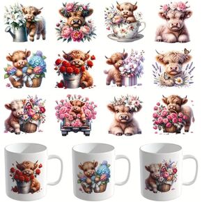 12pcs Highland Cow Flower Series UV DTF Cup Wraps Winter DTF Transfer Transfer Transfer for Glass Cups Furniture Craft Crafts ， rots on Transfor