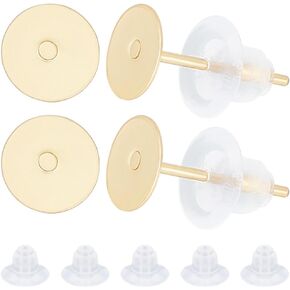 Beebeecraft 1 Box 100Pcs Flat Round Stud Earring Findings 24K Gold Plated Stainless Steel 6mm Blank Stud Earring Bezel Post for DIY Stud Earrings Jewelry Making