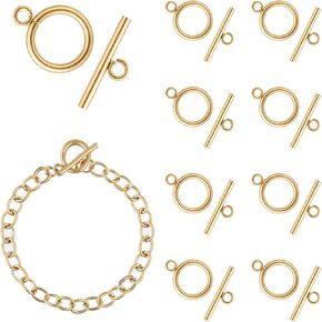 10 Sets Gold Plated Toggle Clasps for Jewelry Making Stainless Steel Round Iq Toggle Clasps & T-Bar Clasps Metal Material Ring Toggle Connectors for DIY Necklace Bracelet Jewelry Making