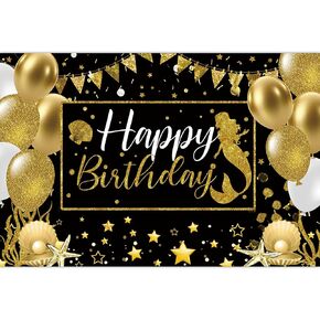 Black and Gold Happy Birthday Backdrop Banner for Women Men Birthday Party Backdrop, Mermaid Happy Birthday Sign Party Decorations Supplies (7X5FT, Polyester)