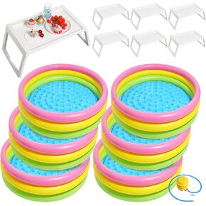 6 Pcs Outdoor Movie Night Inflatable Swimming Pool 60in x 13in Colorful Blow Up Pools with 6 Foldable Portable Serving Tray Table and Pump for Birthday Party Summer Activities
