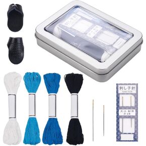 FREEBLOSS Complete Sashiko Set with 4 Colors Sashiko Thread 2 Needles 2 Adjustable Thimble Sashiko Tools for for Hand Sewing Sashiko Kit Sashiko Thread and Needles Thimbles for Beginner Sewing