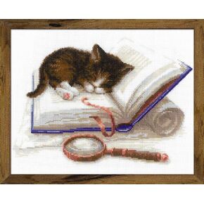 RIOLIS - Kitten on The Book 1725, Cat Lovers Cat Cross Stitch Kits 11,81" x9,45, Cross Stitch Kits for Beginners & Advanced, Crossstitching Kits Adult, Counted Stitching Kits, Cat Embroidery Kit
