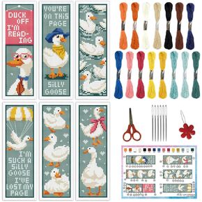 INFUNLY 6PCS Duck Cross Stitch Bookmark Kit for Beginners 2.99''×8.54'' Duckling Stamped Embroidery Bookmark Kits with Words Animals Needlepoint Bookmark Kit with Instruction for Book Lovers Readers