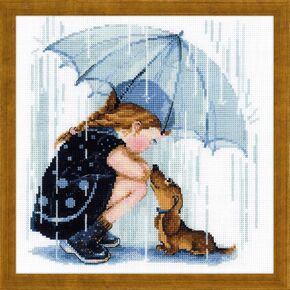 RIOLIS - Under My Umbrella 1720, Animals Cross Stitch Kit 9,84" x9,84, Cross Stitch Kits for Beginners & Advanced, Crossstitching Kits Adult, Counted Stitching Kits, Embroidery Kit