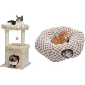 PEQULTI Cat Tree Cat Tower for Indoor Cats and PEQULTI Cat Tunnel with Cat Bed for Indoor Cats, Cat Play Donut Tunnel