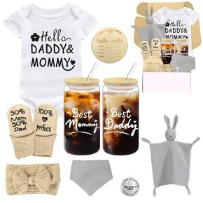 11 Pcs New Parents Gifts for Couples,Unique Gender Reveal Gifts for New Mom,Pregnancy Gifts with Best Mommy and Daddy Glass Cups,First Time Mom Gifts,Baby Gifts