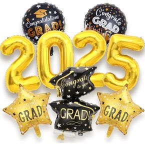 2025 Graduation Party Decorations - 9 Pcs Black Gold Graduation Foil Balloons Set Congrats Grad 2025 Graduation Cap Balloons for Graduation Decorations Class of 2025