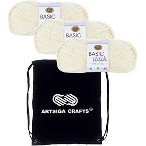 Lion Brand Basic Stitch White White 202-100 (3-skiins-نفس الصبغة) متوسطة الصوفية #4 خيوط أكريليك للكروشيه والحياكة مع حقيبة المشروع in Kuwait