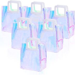 Yolyoo 6pcs Clear Iridescent Reusable Gift Bag Holographic Bag Large Tote Bags Handbag Gift Wrap Bags Pvc with Handle for Party,Christmas,Travel,Wedding, Shopping 11 x 9.8 x 5.1Inches