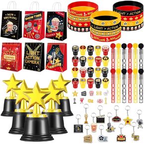 68 Pcs Movie Night Party Favors Include Gift Bags Stampers Silicone Bracelets Keychains Star Trophy Awards Bubble Wands for Movie Theater Night Party Decoration Supplies Cinema Birthday