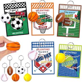30 حزمة بطاقات عيد الحب مع كرات Sports Squeeze مفاتيح مفاتيح التغذية الإجهاد تململ Toy لتبادل الفصول الدراسية ، ويدافع الهدايا في عيد الحب لمدرسة Boys Girls ، جوائز عيد الحب للمدرسة