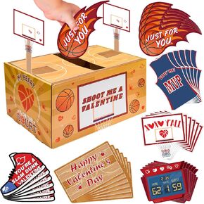 صندوق بريد Valentine مع 30PC Cards Kids Basketball Exchange Kit - Red Cardboard Box - Valentine's Party Party Favors