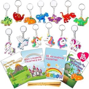 AugToy 26 Packs Dinosaur & Unicorn Keychains Valentines Day Cards for Kids School Classroom Funny Valentine Exchange Gifts for Toddler Girls Boys Valentine’s Party Favors Box Bag Stuffers Treat Bulk
