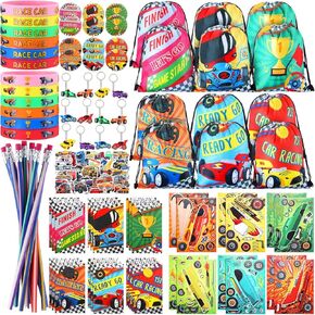 140 Pcs Racing Car Birthday Party Favors Kids Race Car Themed Birthday Party Racing Car DIY Stickers Drawstring Bags Mini Notepads Silicone Wristbands Bracelets Keychain Button Pins Soft Pencil