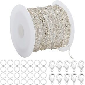 33 قدمًا/10 أمتار 2.5 ملم سلسلة كبح جملة سلسلة روابط سلسلة رابط الكابل مع 20pcs clawster claw Clasps & 50pcs حلقات القفز سلسلة الفضة التخزين المؤقت لتصنيع المجوهر