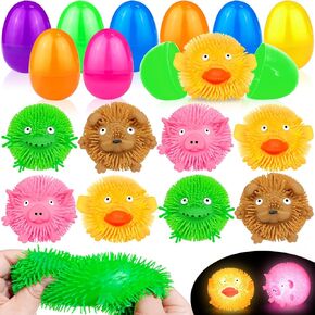 8 Pack 3.5" Easter Eggs Filled with Animal LED Puffer Balls,Light Up Stress Relief Fidget Toys Squeeze Sensory Ball for Kids Boys Girls Glow in The Dark Easter Basket Essential Stuffers Party Favor
