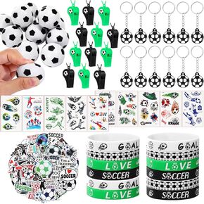Aoriher 108 PCS Soccer Party Party مجموعة كرة قدم حزب Goodie Bag Fillers Mini Soccer Balls صافرة سوار السيليكون ملصق الوشم المؤقت لتوفيات الحفلات الرياضية