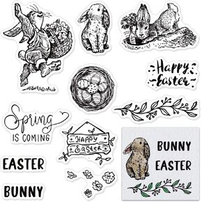 Happy Easter Bunny Rabbit Clear Stamps for Card Making and Paper Craft, Spring Easter Eggs Words Leaves Flower Clear Rubber Stamps for Easter Card Making Decoration and DIY Scrapbooking