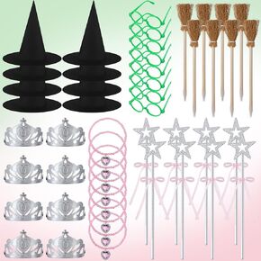 54 PCS Witch and Princess Party Favors Hats Hats Princess Crowns Green Frame Broom Pencils Bow Silver Cane Pink Pearl Nector