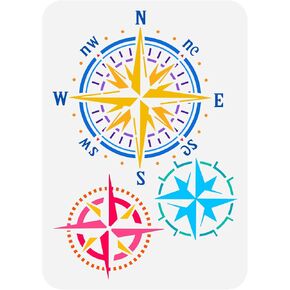 FINGERINSPIRE Compass Painting Stencil 11.7x8.3 inch Hollow Out 3 Style Vintage Compass Craft Stencil Reusable Nautical Drawing Template for DIY Scrapbook, Fabric, Tiles, Floor, Furniture, Wood