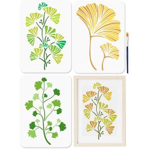 Mayjoydiy 3pcs A4 Ginkgo Biloba stencil مع فرشاة الطلاء 11.7x8.3 بوصة قالب الطلاء النباتي القابل لإعادة الاستخدام