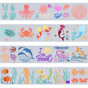 Gorgecraft 20 أنماط أوشن المخلوقات مقرات الطلاء حورية البحر طلاء Seahorse رسم الاستنسل 5x5 قابلة لإعادة الاستخدام الدلفين الأسماك المرجانية قناديل الأسماك الأخطبوط النجمية للطلاء على الحرف الخشبية DIY