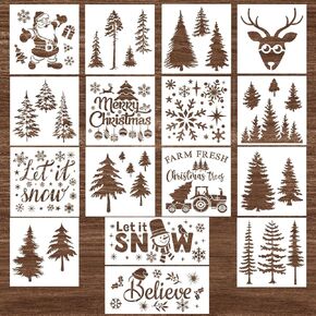 Christmas Stencils Template,16pcs Christmas Pine Trees Snowflake Elk Santa Reusable Drawing Stencils,Let it Snow Sign Painting Stencil Template for Wood Card Making DIY Crafts Xmas Decoration