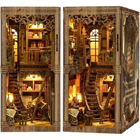 Book Nook Kit DIY Miniature Model Bookshelf Dollhouses for Adults Ancient Book Collection Room Wooden 3D Puzzle Booknook Decor Handcrafted Bookends with Dust Cover Led Light