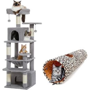 PAWZ Road 53 Inches Large Cat Tower Bundle with Leopard Cat Tunnel