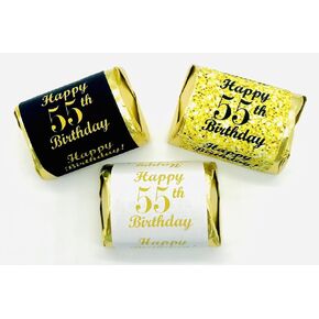 RokAPary 55th Birthday Nuggets Labels, Chocolate Candy Wrapper, 90 Stickers; 3 Designs: 30 Gold, 30 Black, 30 White, Candy Not Included